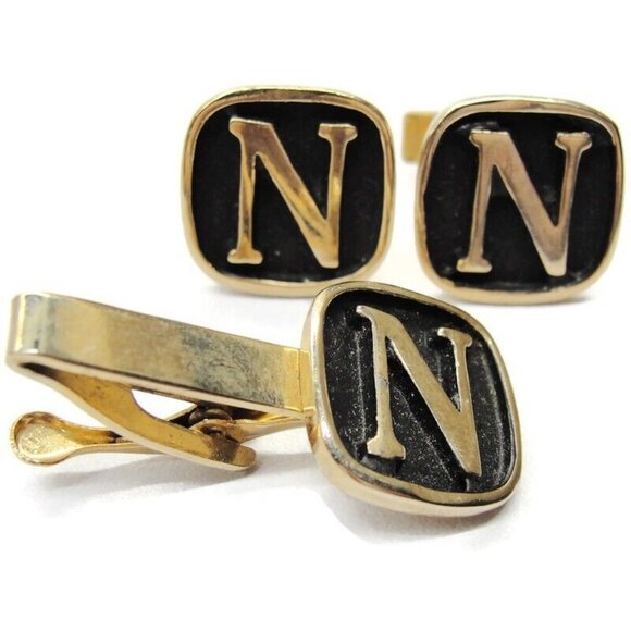 "N" Initial Cufflinks Set w Neck Tie Clip Pat No Black Gold Tone Tux Suit Vtg - Picture 3 of 7